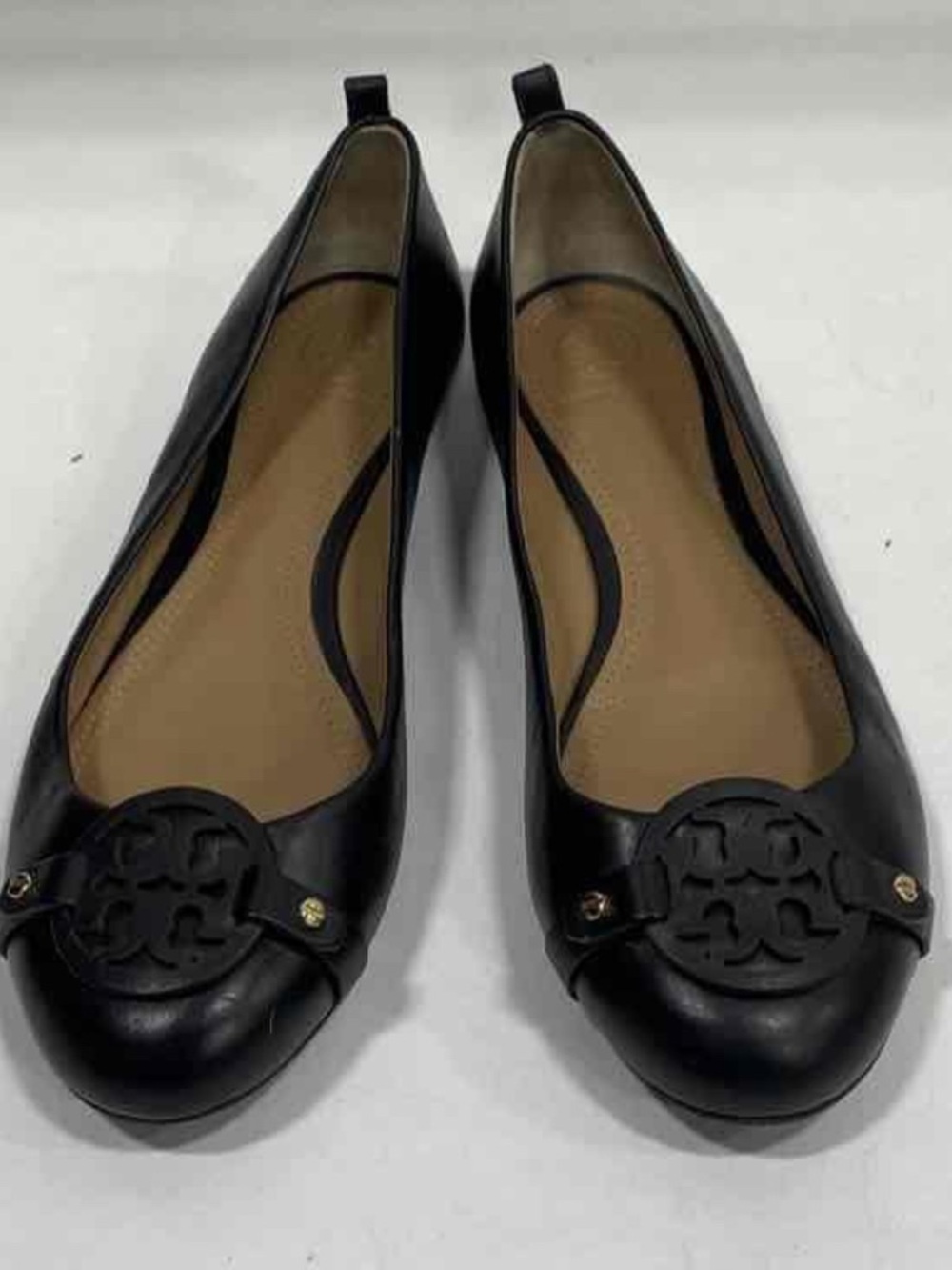 Tory Burch Black Leather Logo Round-Toe Ballet Flats Size 8